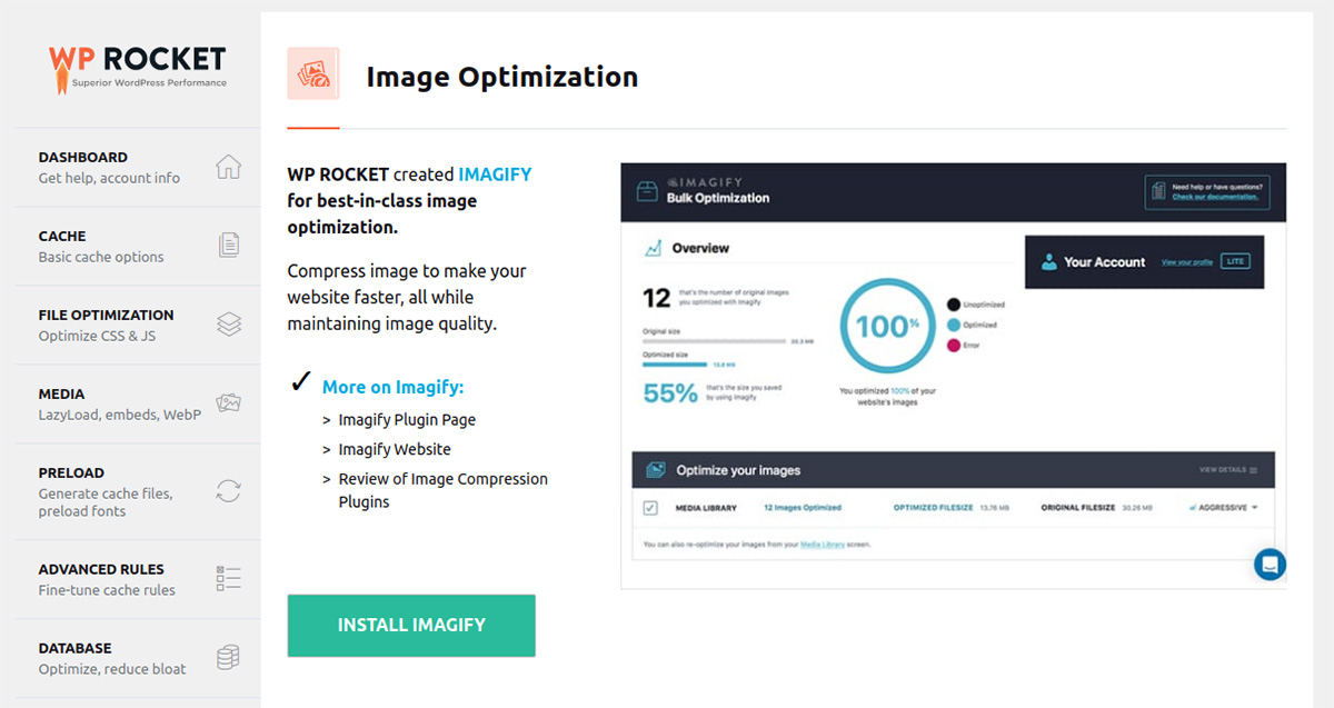 capture d'écran du menu d'optimisation d'image de WP Rocket