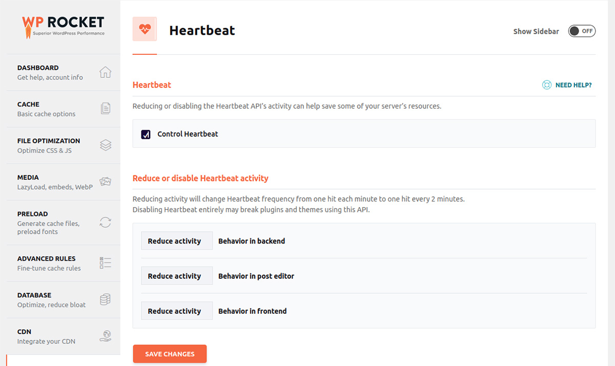 zrzut ekranu menu WP Rocket Heartbeat