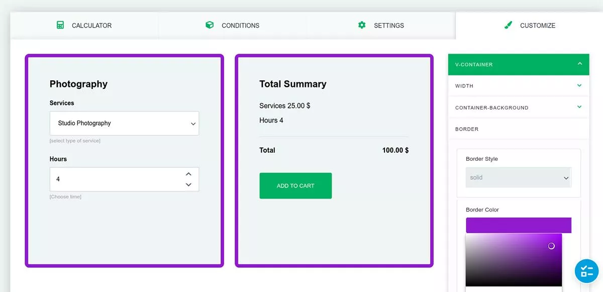 captură de ecran a meniului Personalizare Calculator de cost