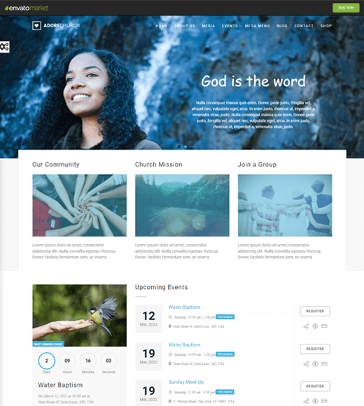 Adore el tema de WordPress de la iglesia