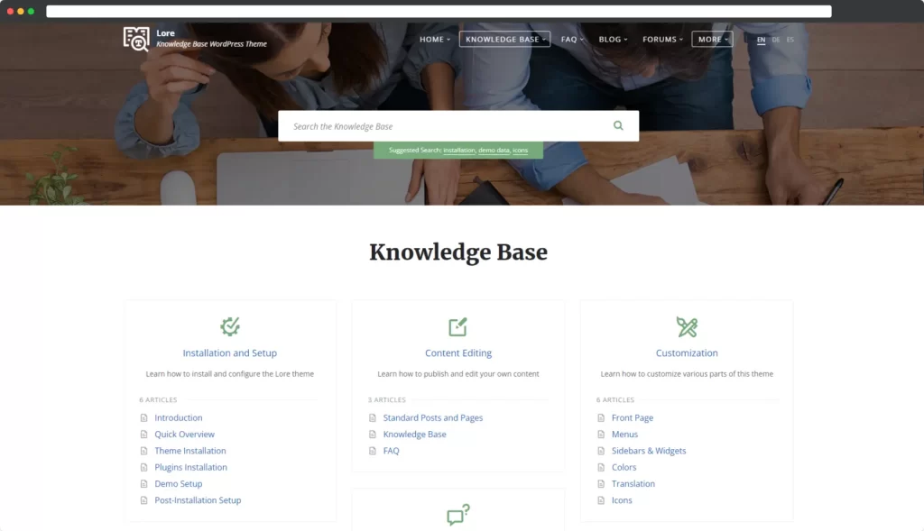 Lore - Elegante tema de WordPress para la base de conocimientos