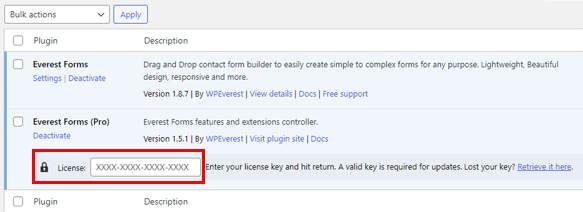 Geben Sie den Lizenzschlüssel für Everest Forms Pro ein