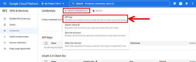 Creación de credenciales y API