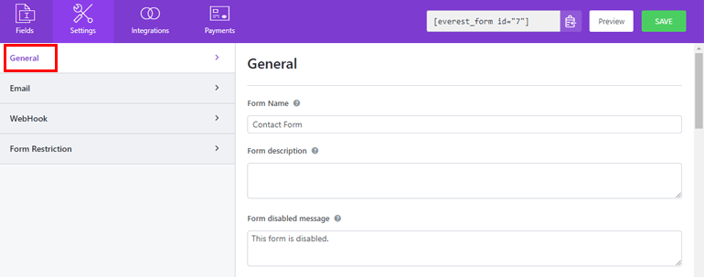 Configuración general para formulario