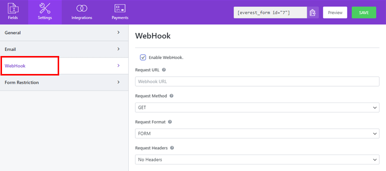 Impostazioni webhook per modulo