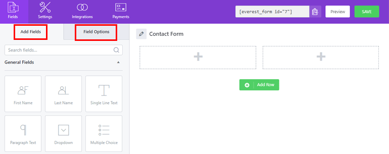 Interfaccia Everest Forms Builder