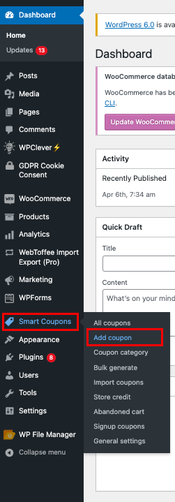 Hinzufügen neuer Coupons in WooCommerce Smart Coupons > Coupon hinzufügen