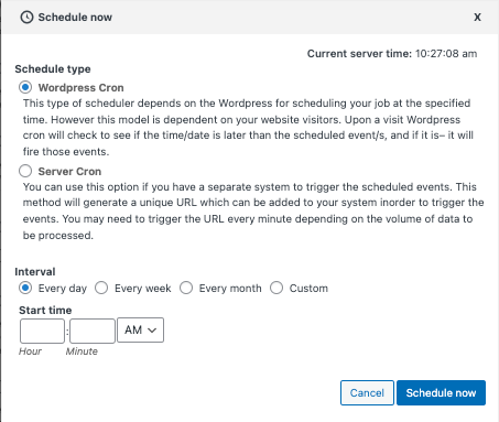 Importtyp planen 1. Planen mit WordPress Con 2. Planen mit Server Con