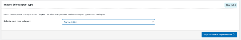 サブスクリプションとしてインポートする投稿タイプの選択