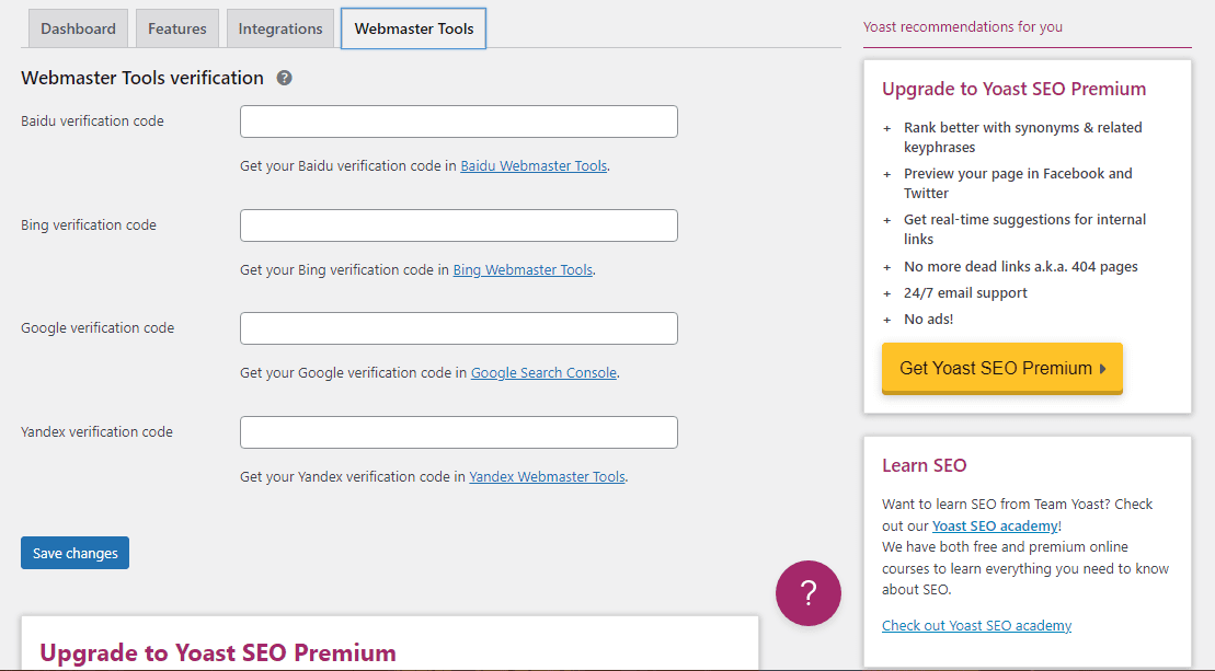 Yoast 'Webmaster Tools'-Oberfläche