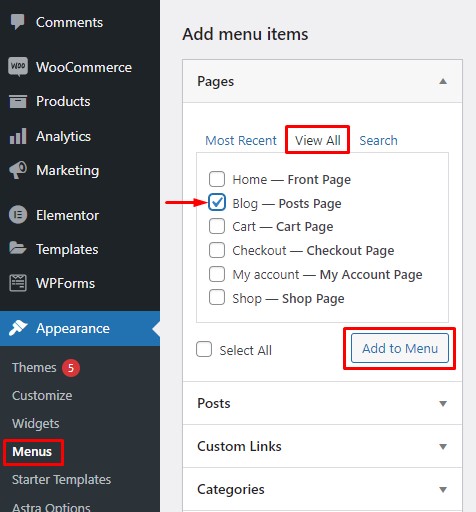 Trouver une entrée de menu de blog dans WordPress