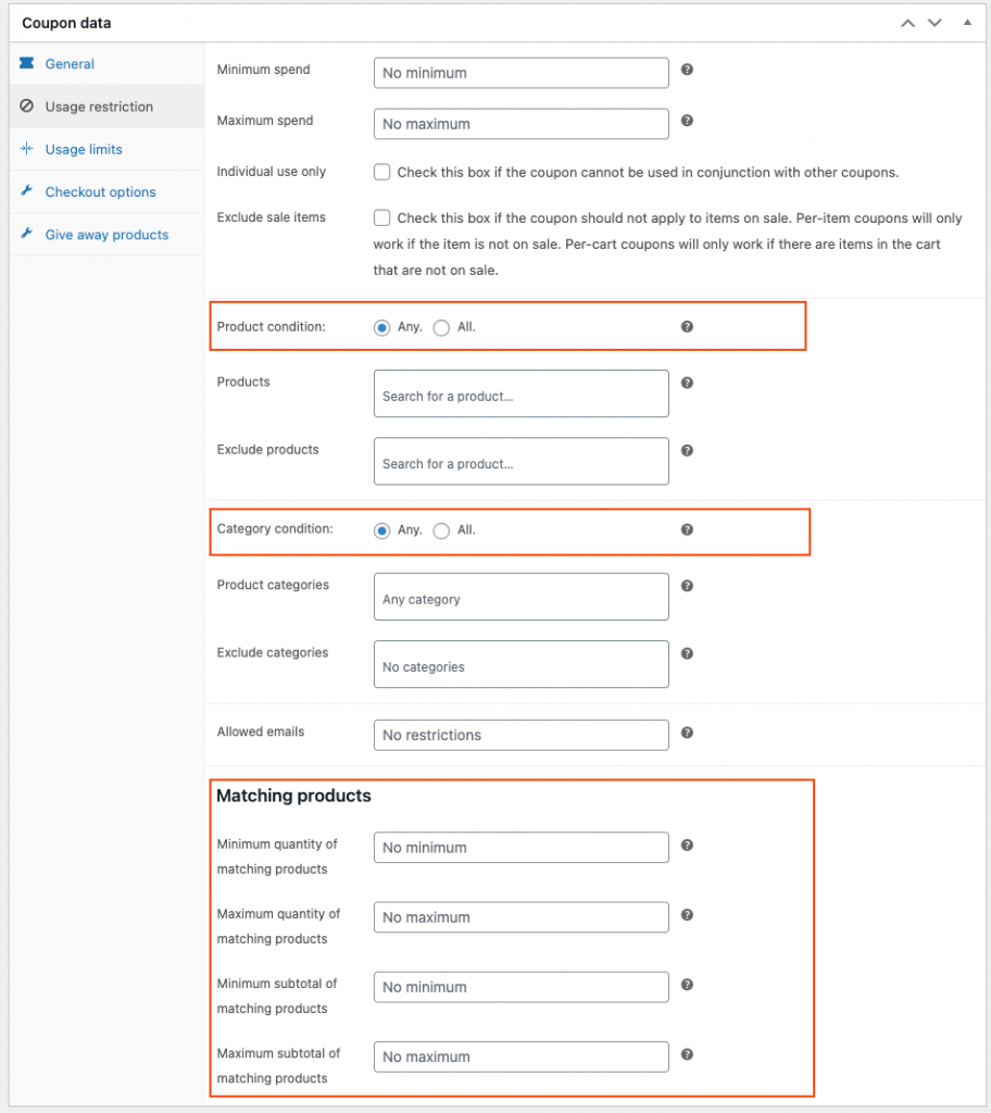 Conditions de restrictions d'utilisation des coupons WooCommerce