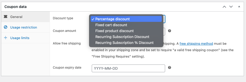 Types de réduction des coupons WooCommerce