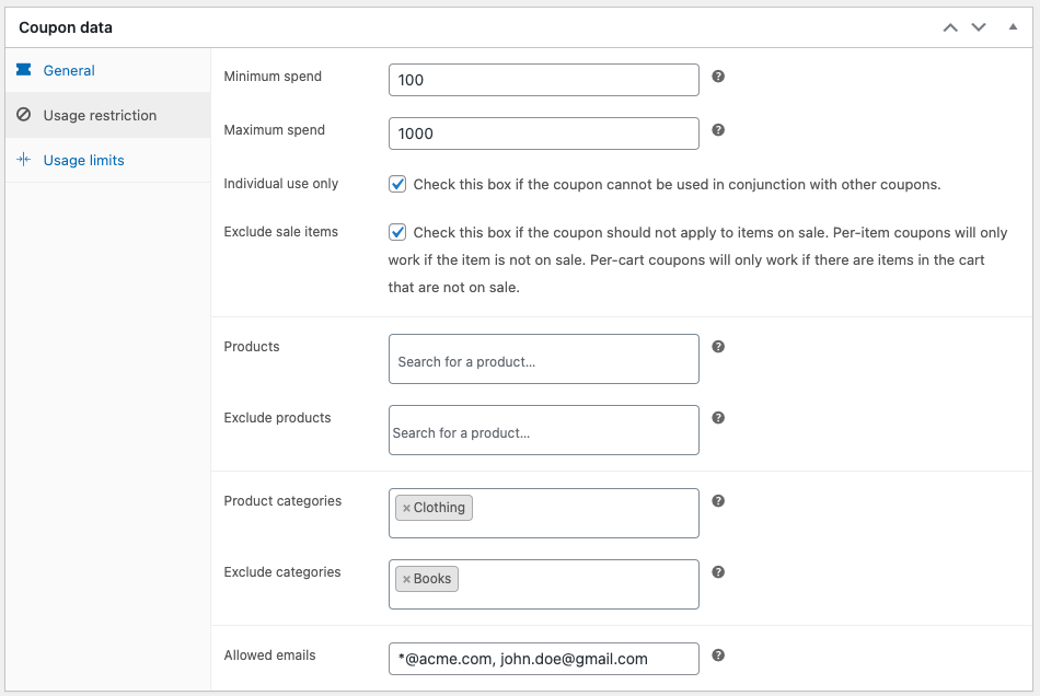 Restrictions d'utilisation des coupons WooCommerce