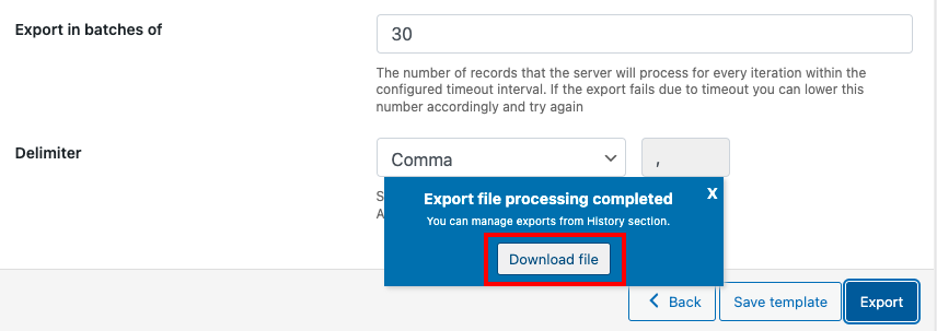 Traitement du fichier d'exportation terminé