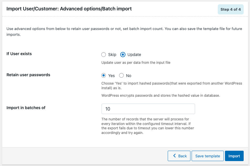 Importer un utilisateur Étape 4 : Options avancées