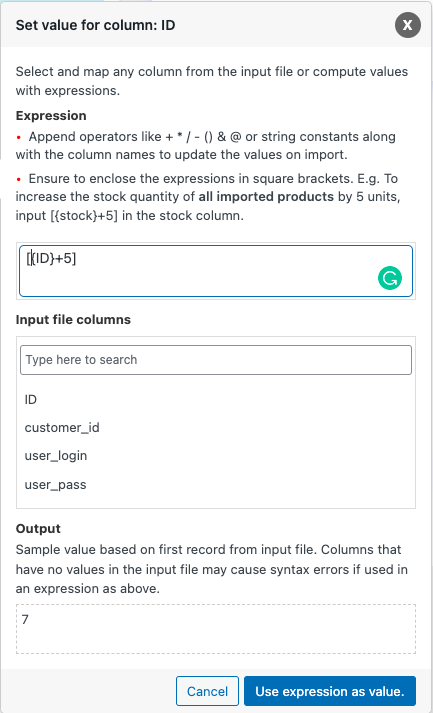 Définir la valeur de la colonne : ID