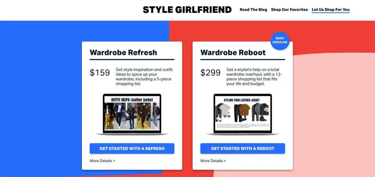 opções de serviço disponíveis na Style Girlfriend