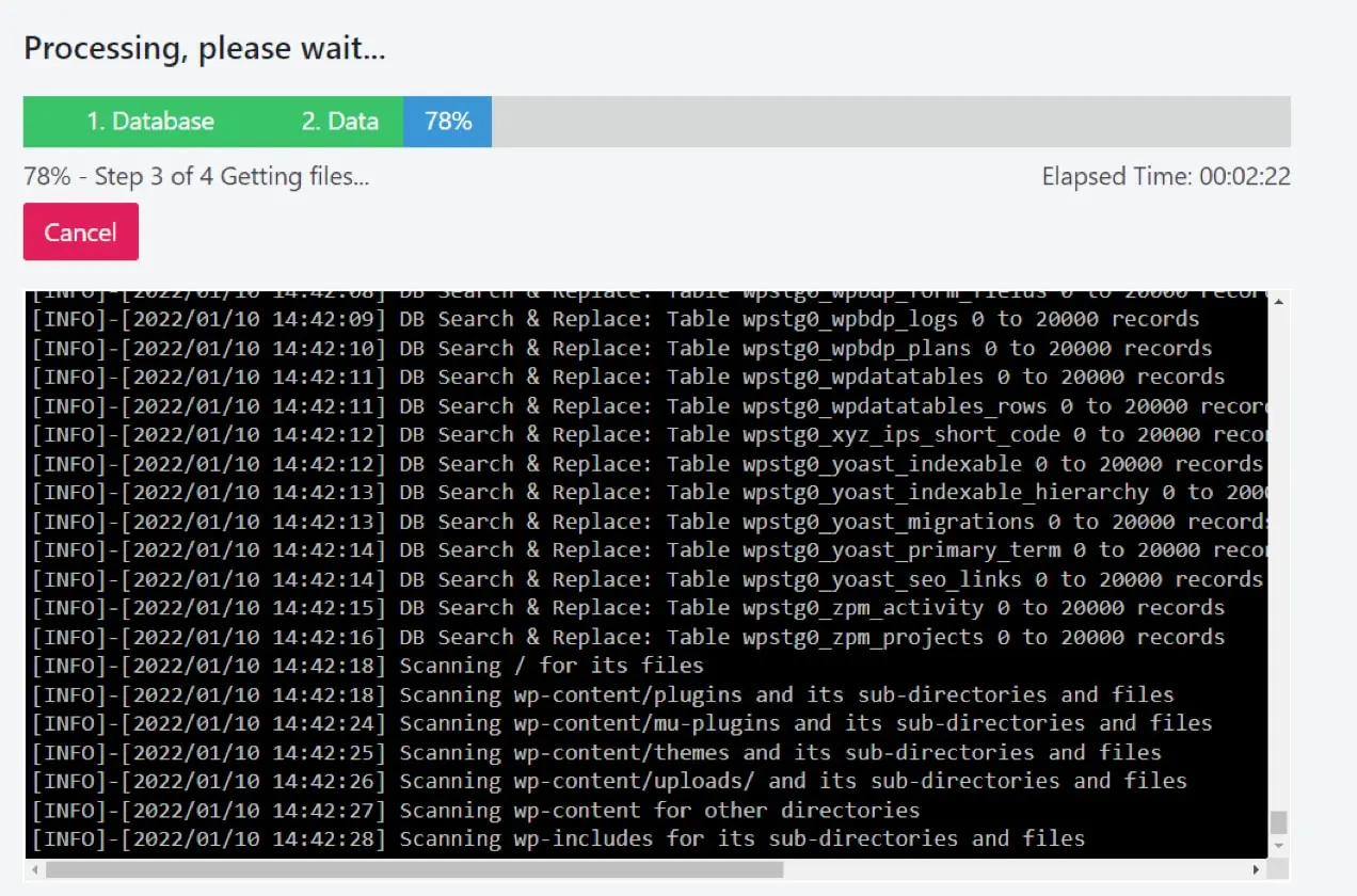 barra di avanzamento per la creazione di un sito di staging