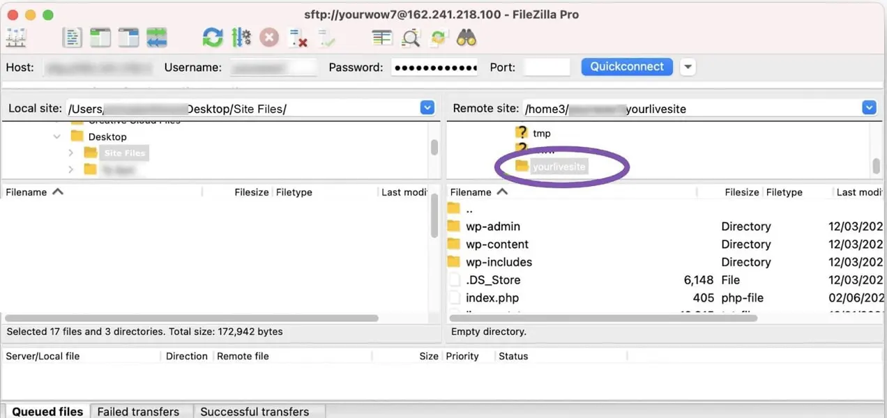 archivos del sitio como se muestra en filezilla