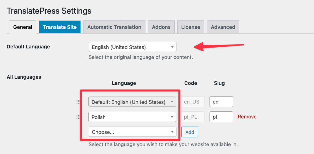 Configuración de idioma de TranslatePress