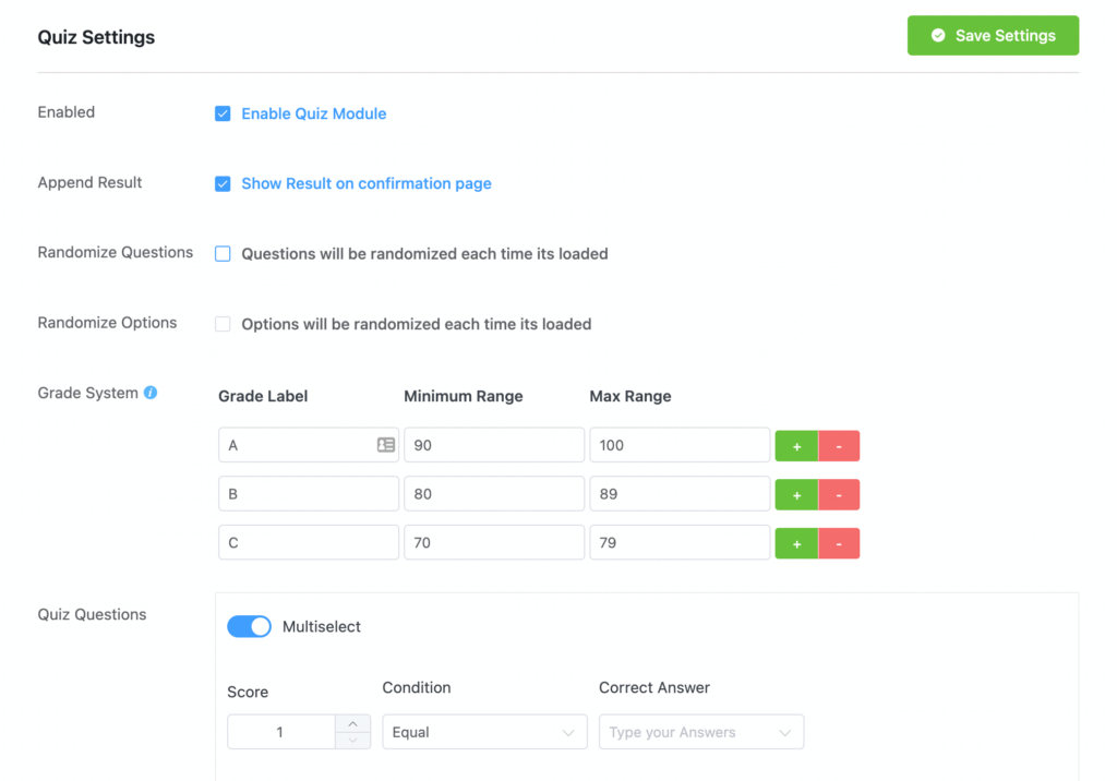 WordPress Quiz Maker Plugin - Quizeinstellungen für Fluent Forms