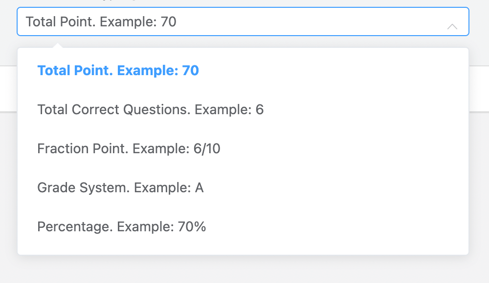 Opções de pontuação do quiz do Fluent Forms