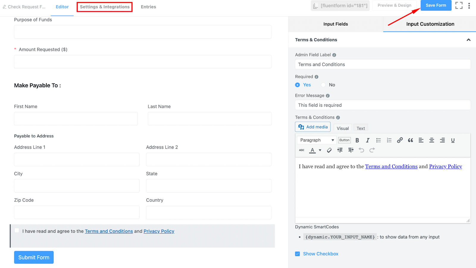 configurar el formulario de solicitud de cheque