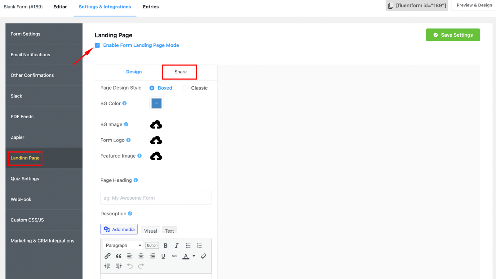 Funzionalità della pagina di destinazione in Fluent Forms