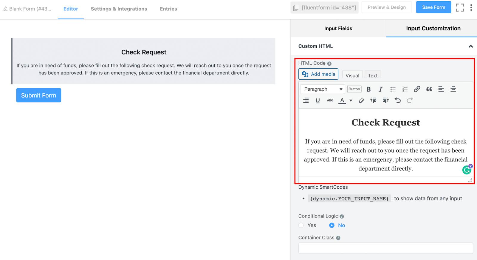 เพิ่ม HTML แบบกำหนดเองให้กับ Fluent Forms