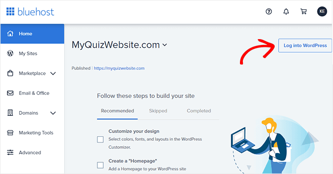 Bluehost Dashboard - log in to WordPress