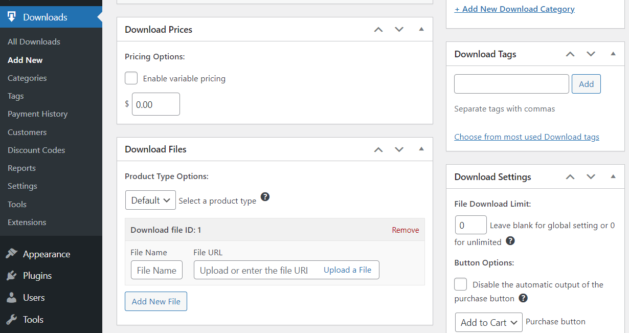 Aggiunta di un nuovo download in Easy Digital Downloads