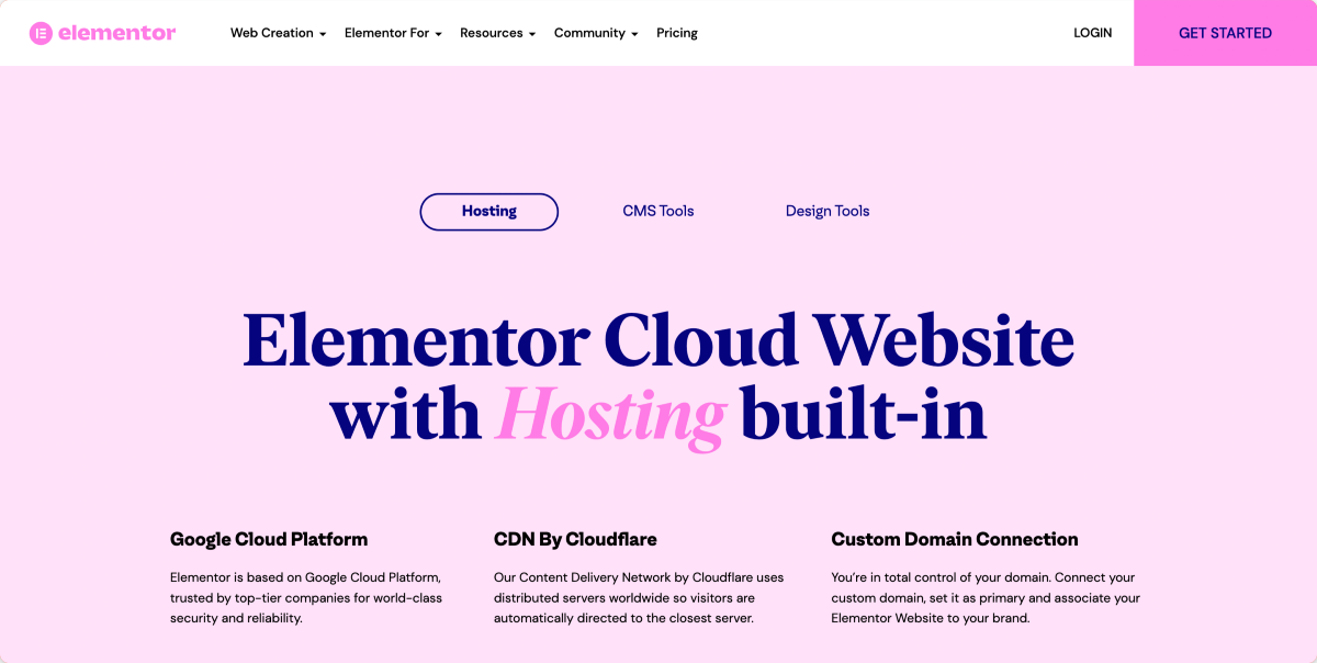 Веб-сайт Elementor Cloud со встроенным хостингом.