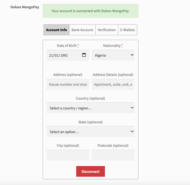 agregue información de cuenta de proveedor para la pasarela de pago Dokan mangopay