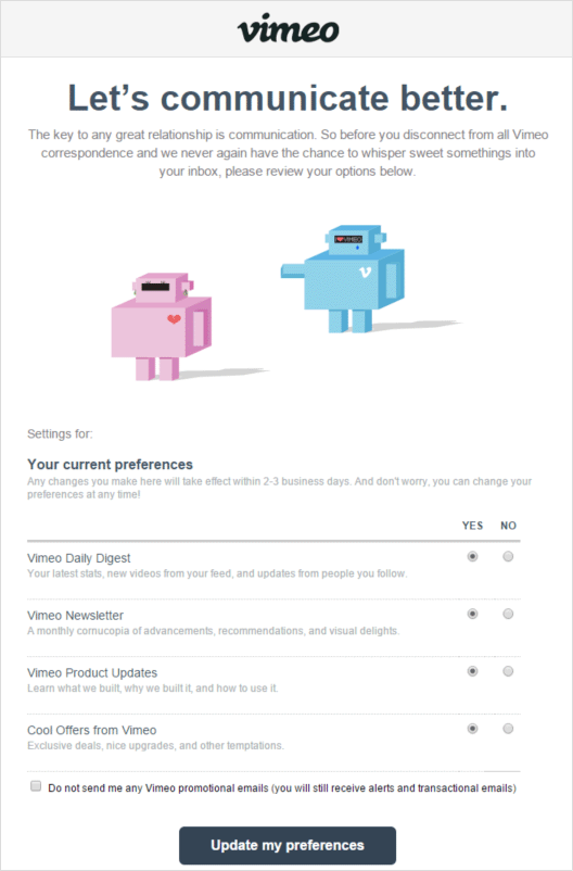 Vimeo email unsubscribe page