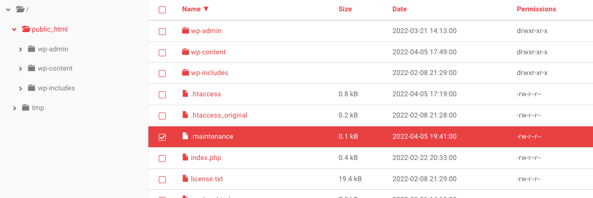 encontrar el archivo .maintenance en cpanel