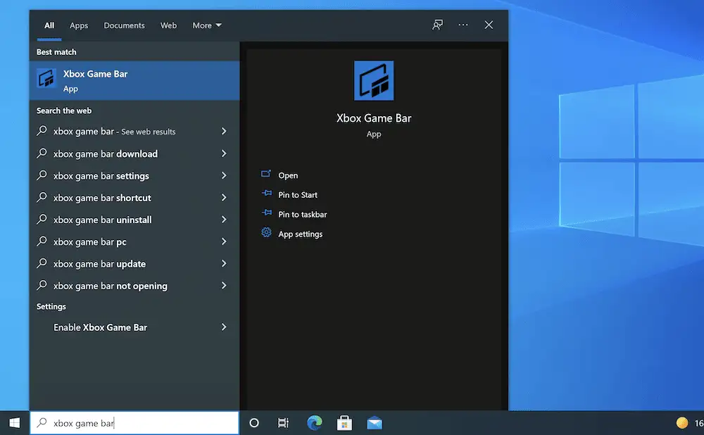 Menemukan Bilah Game Xbox di menu Pencarian Windows.