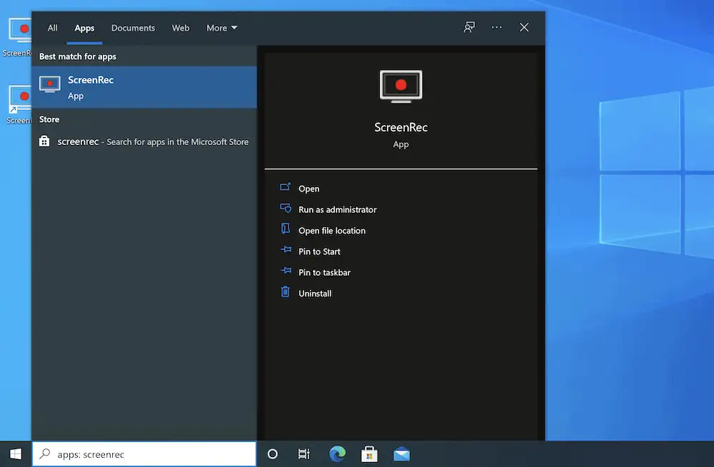 Menemukan ScreenRec di Menu Pencarian Windows.