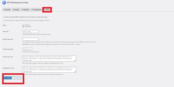 gdpr save settings włącz tryb konserwacji w wordpressie
