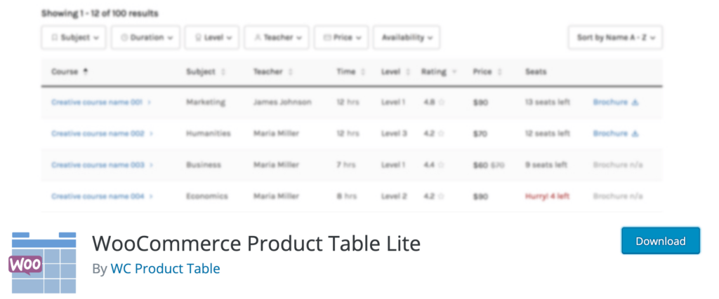 Плагин WooCommerce Product Table Lite.