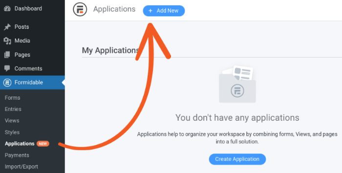 La opción de agregar una nueva aplicación en Formidable Forms.
