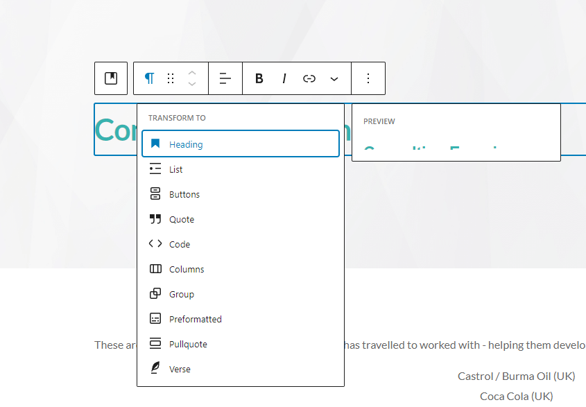 Uma visão detalhada do menu suspenso do bloco de transformação no WordPress