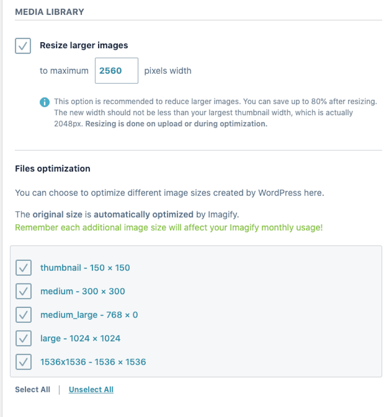 Définir une limite de taille d'image - Source : Tableau de bord Imagify WordPress