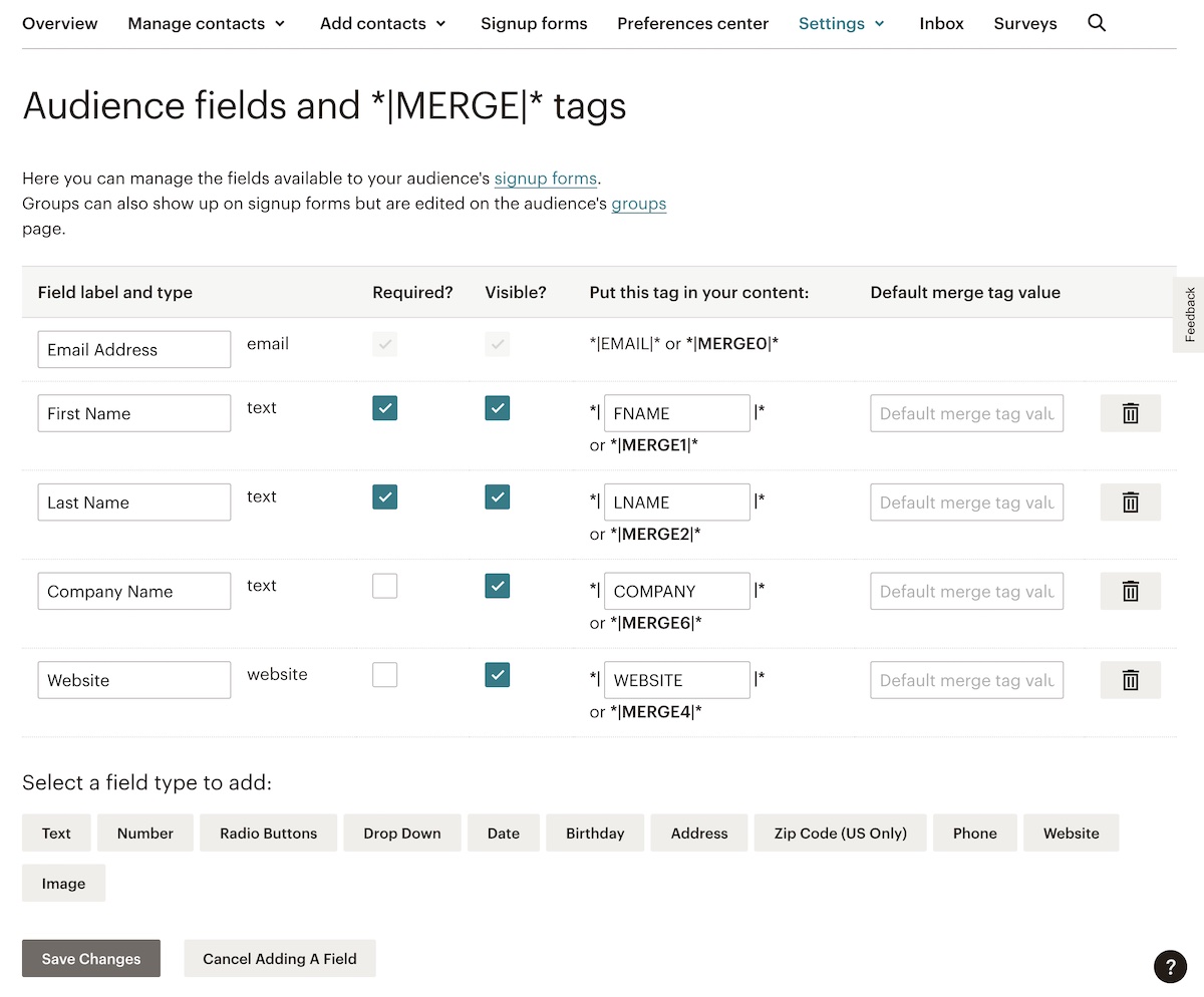 Modificando campos de audiência no MailChimp