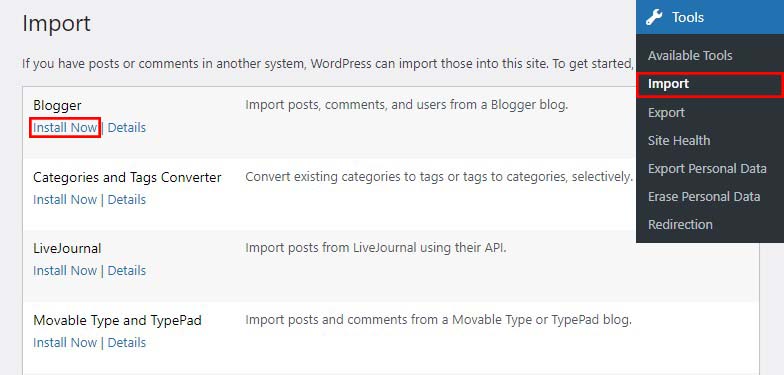 Установите Blogger Importer для WordPress