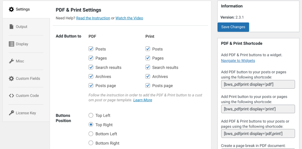 Le impostazioni del plug-in PDF e stampa.