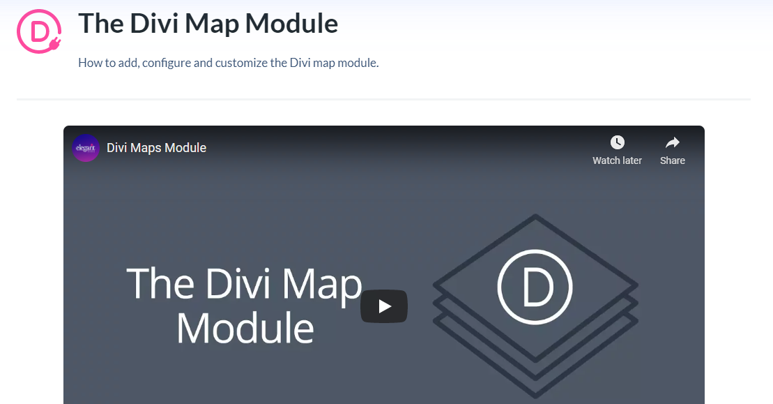 La pagina del modulo Divi Map