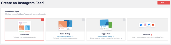 Selectați tipul de feed Instagram