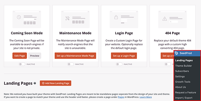 SeedProd landing page dashboard