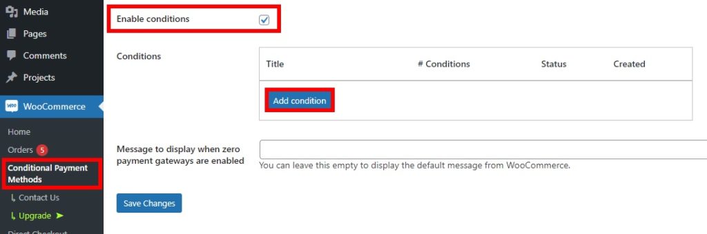 agregar condición deshabilitar métodos de pago en woocommerce
